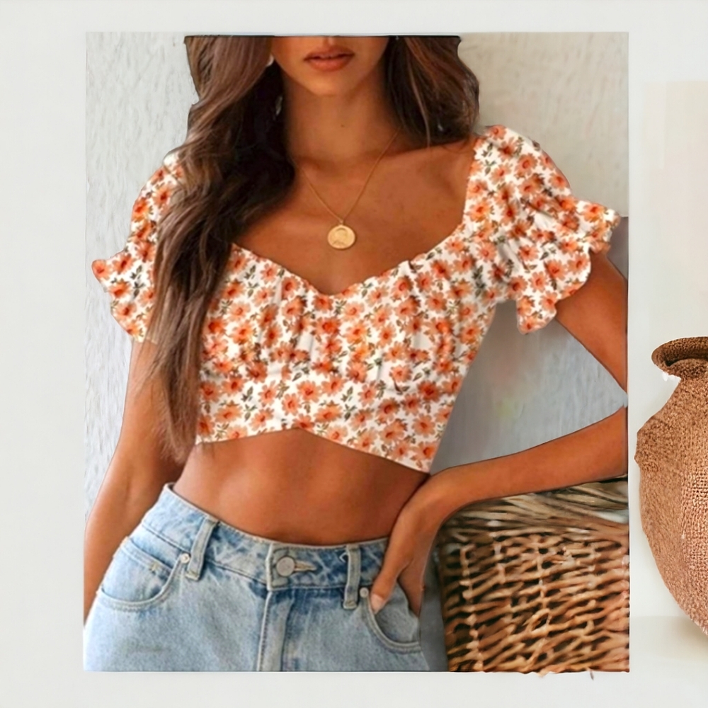 Summer beach cropped short sleeve coral top sz medium nwt